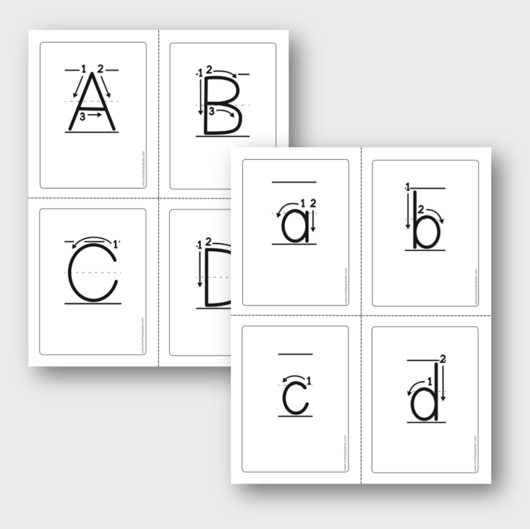 Alphabet writing instructional font flash cards