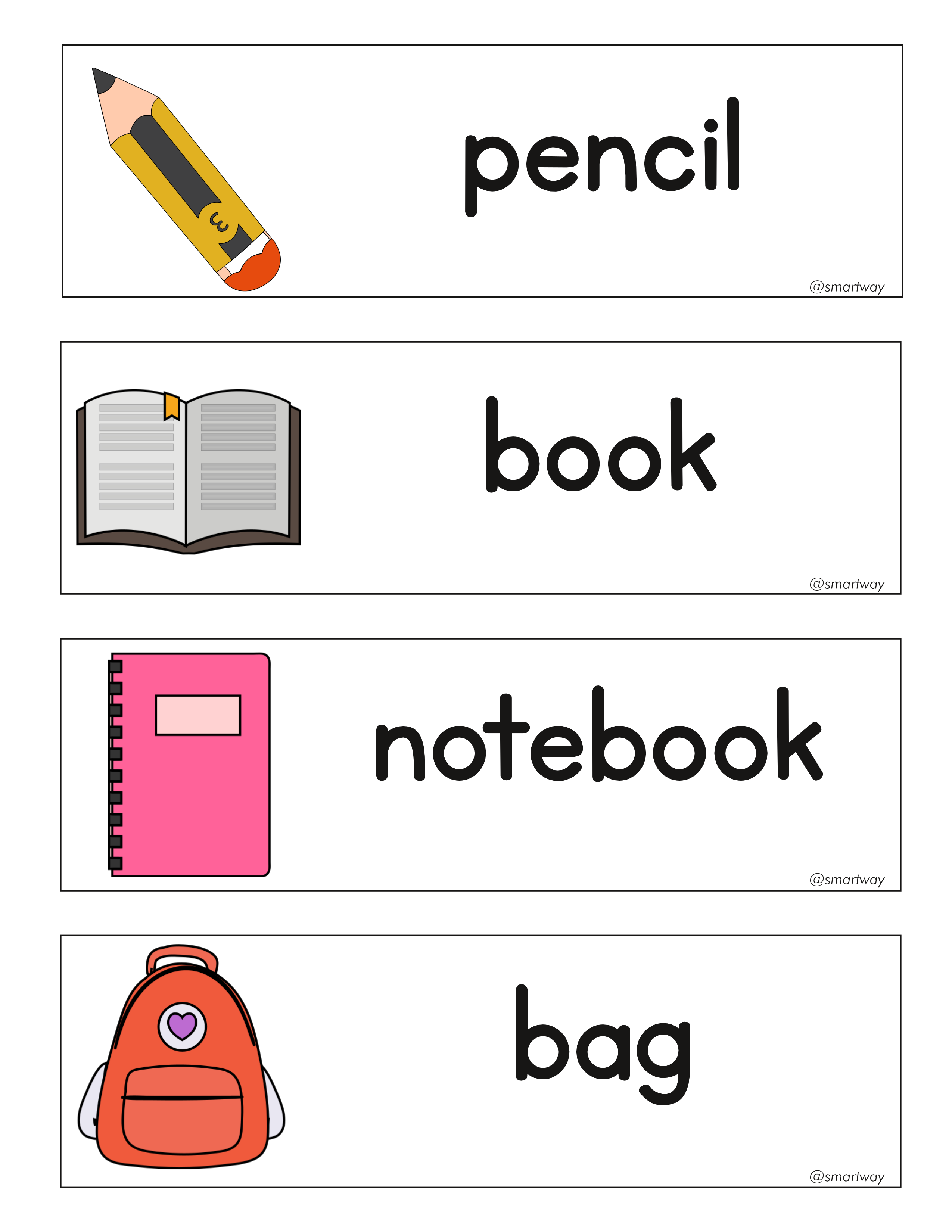 school supplies word cards