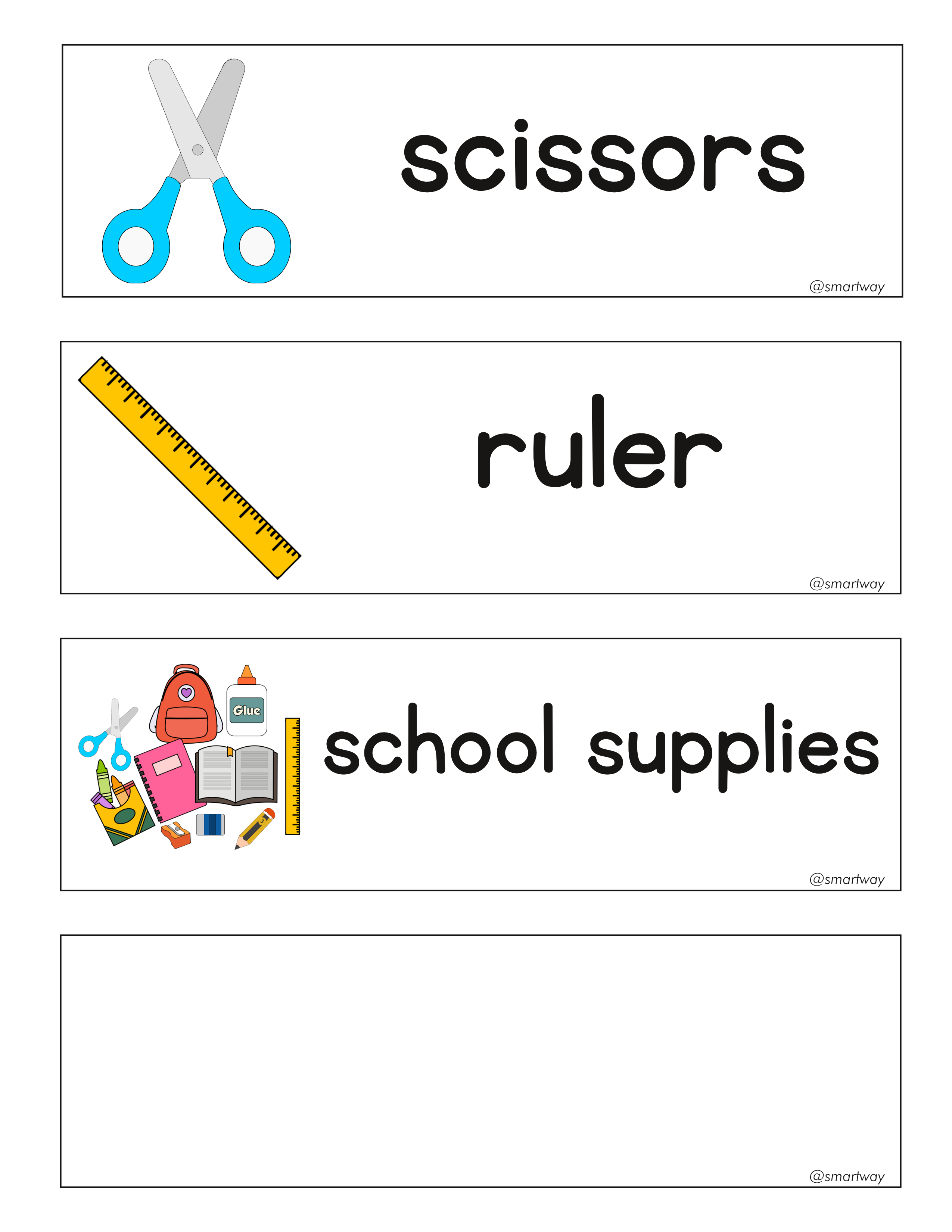 school supplies word cards