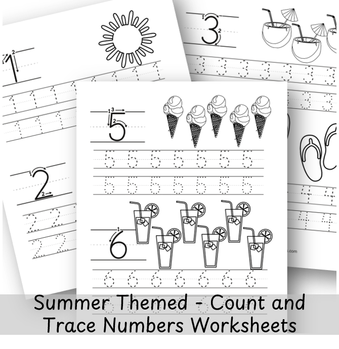 summer themed count and trace numbers worksheets