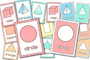 Pastel rainbow shape posters with dotted borders showing 2D and 3D shapes for early learners