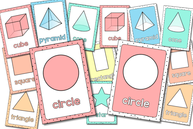 Pastel rainbow shape posters with dotted borders showing 2D and 3D shapes for early learners