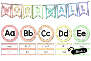 Pastel rainbow word wall set with editable headers, word cards, and a matching banner