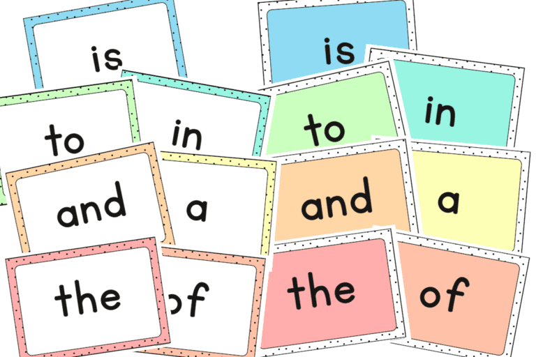 Pastel rainbow sight word posters with dotted borders for classroom word wall display