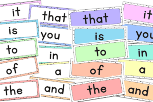 Two-per-page pastel sight word posters with dotted borders for small spaces or student folders