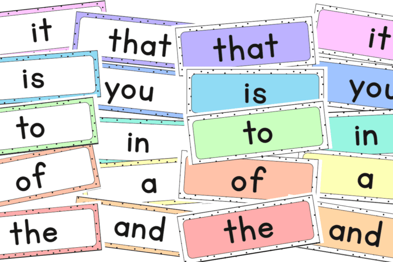 Two-per-page pastel sight word posters with dotted borders for small spaces or student folders