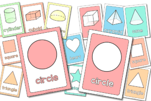 Pastel shape posters with solid color backgrounds for classroom math displays