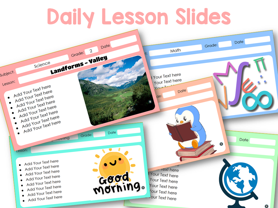 Preview of a pastel rainbow-themed Google Slides daily lesson template for teachers, featuring editable sections for literacy, math, and writing