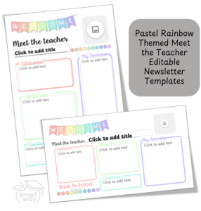 Editable Meet the Teacher newsletter template in pastel rainbow theme, shown in both A4 portrait and landscape slide formats for classroom or digital use