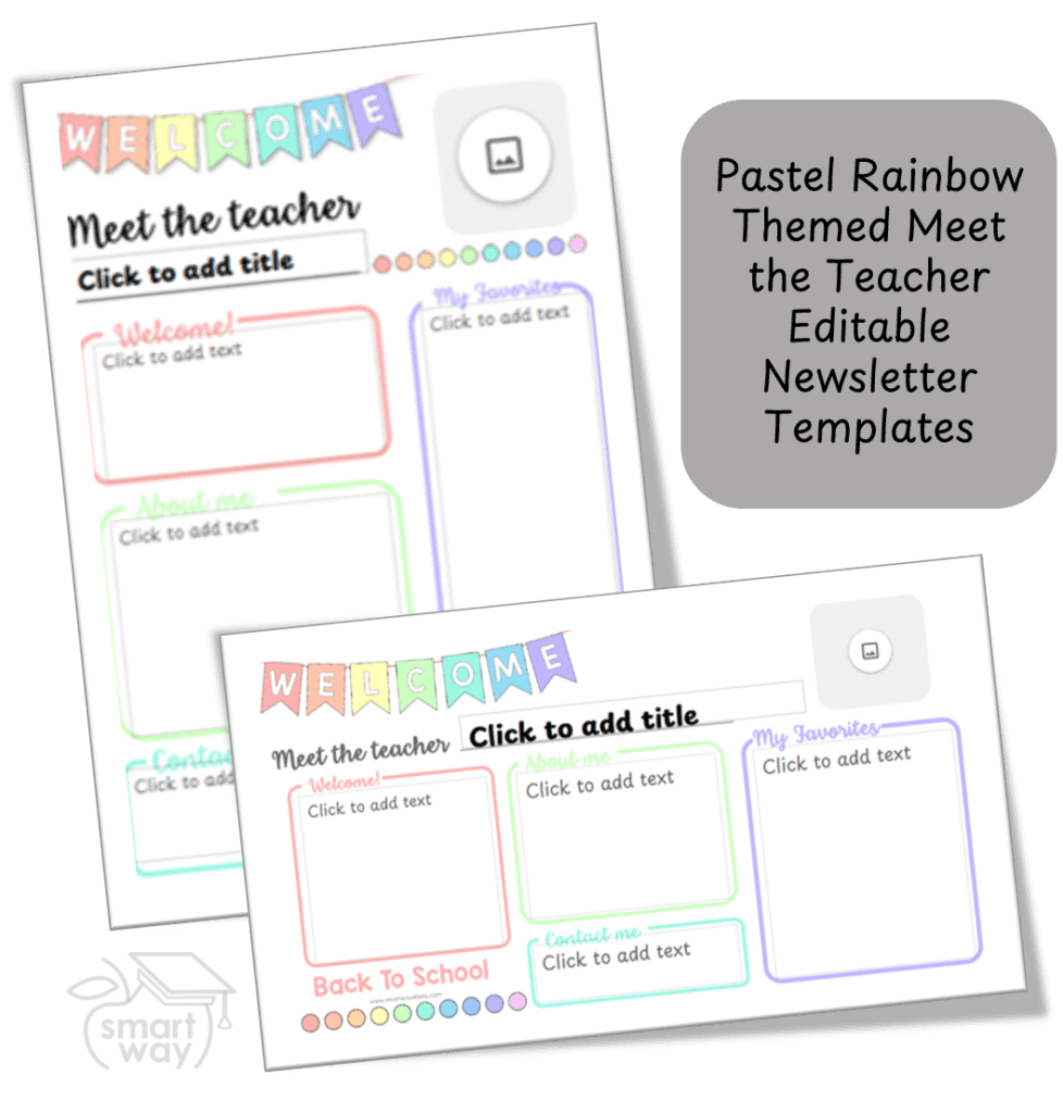 Editable Meet the Teacher newsletter template in pastel rainbow theme, shown in both A4 portrait and landscape slide formats for classroom or digital use
