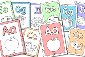 Pastel rainbow alphabet posters A–Z with dotted borders for a soft, playful look in classroom or homeschool settings