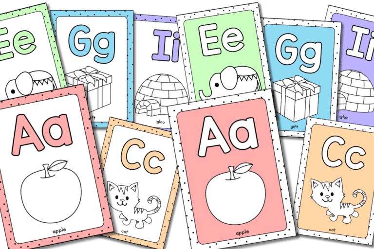Pastel rainbow alphabet posters A–Z with dotted borders for a soft, playful look in classroom or homeschool settings